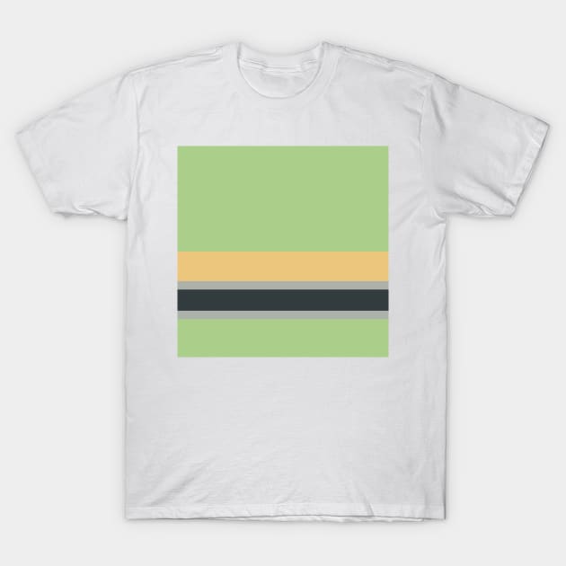 An elegant melt of Silver Foil, Charcoal, Slate Green, Laurel Green and Sand stripes. T-Shirt by Sociable Stripes